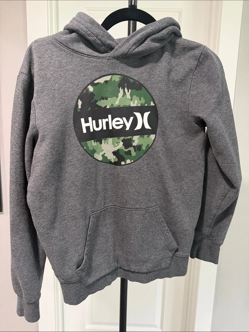 Hurley Gray Hoodie with Green Camo Logo Patch